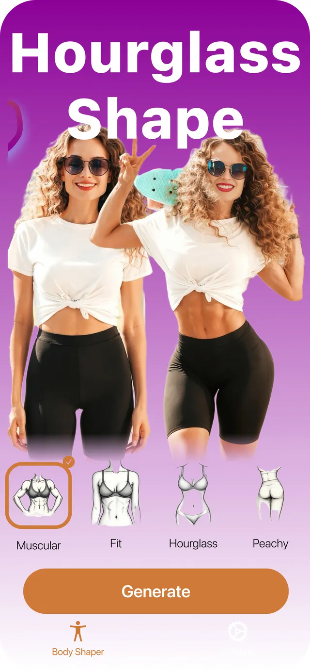 Woman edited to an hourglass shape with toned abs in BodyBlend, before and after
