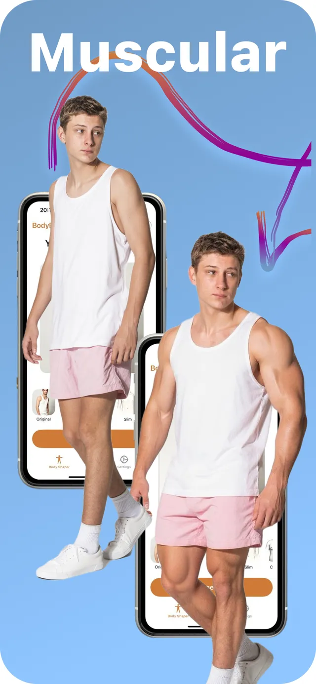 Young man reshaped from slim to muscular arms and legs with BodyBlend