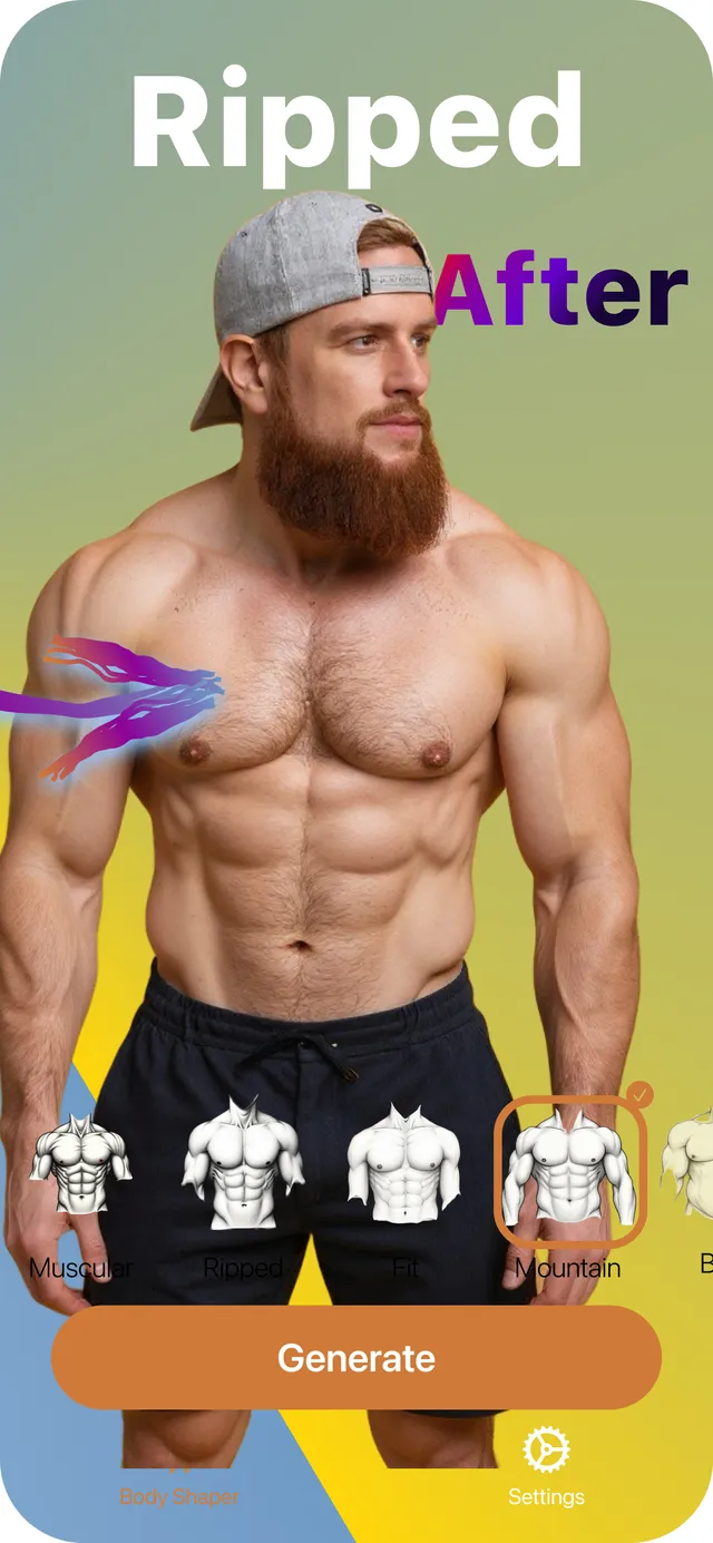 The same bearded man with a ripped, muscular body after BodyBlend