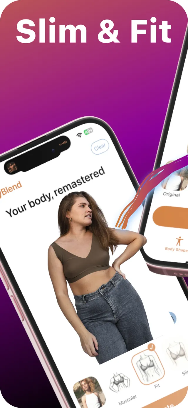 BodyBlend app screen editing a woman's photo to a slim and fit body